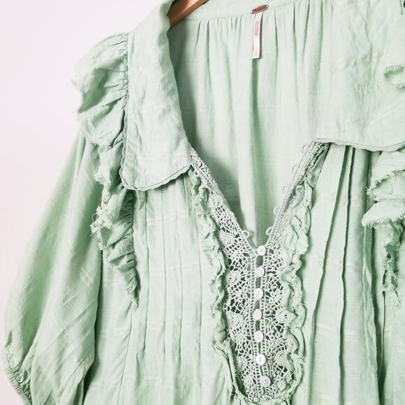 Free People Elora Pleated Ruffle Mini Dress L WindownpaneMermaid Tail Green $148 - Picture 13 of 14